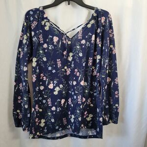 Massini Blouse Top BOHO Chic Blue floral Large Hippie Relaxed V-neck tie front